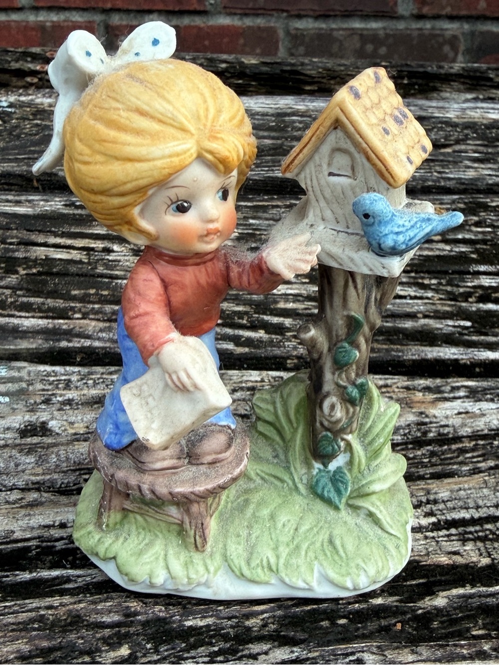 Vintage Ceramic Girl Feeding Bird Made in Japan Figurine V1